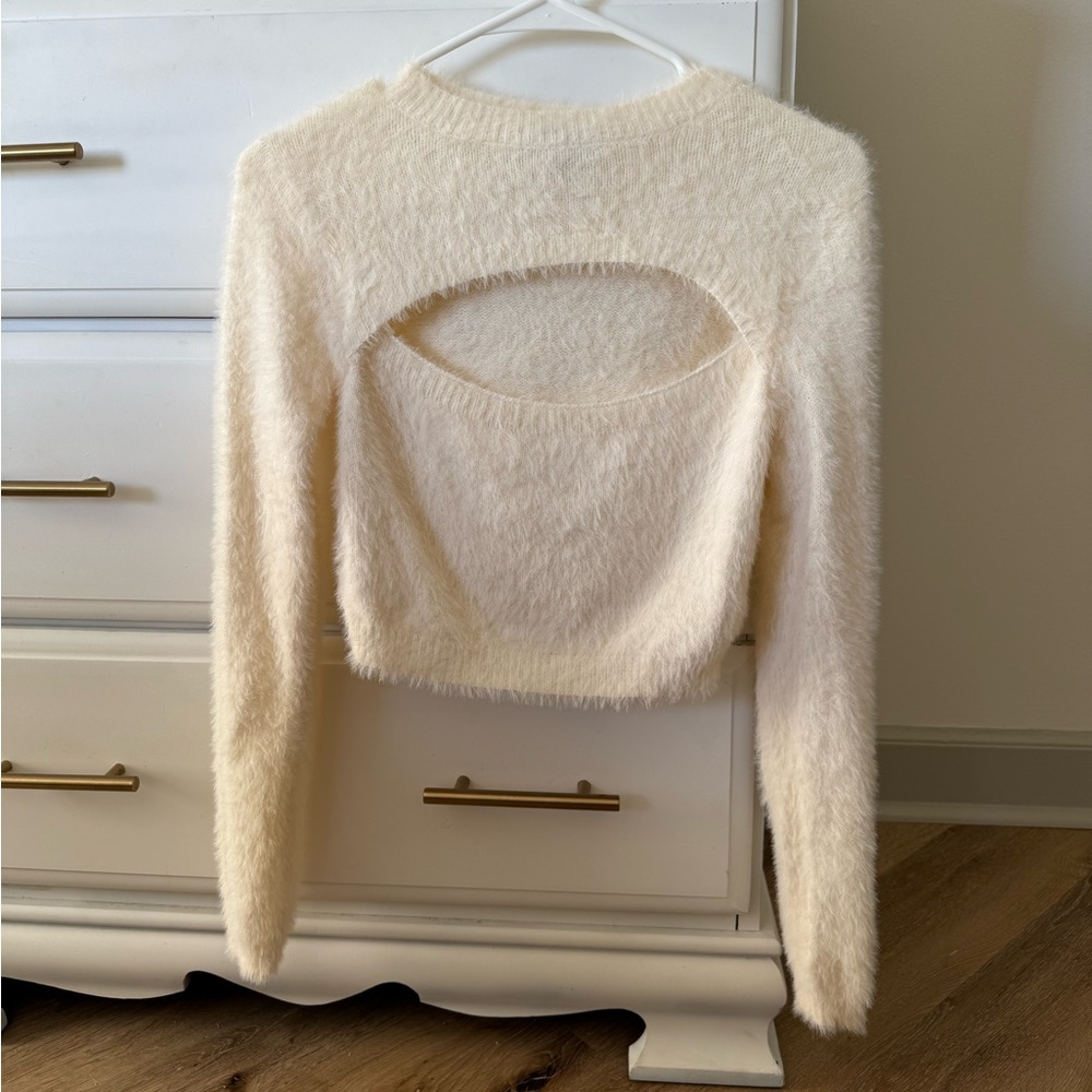 Cream Fuzzy Cropped Sweater with Cutout